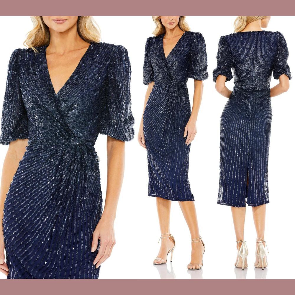 NEW$498 Mac Duggal [ 4 ] Sequined V neck Short Puff Sleeve Midi Dress Blue S1166